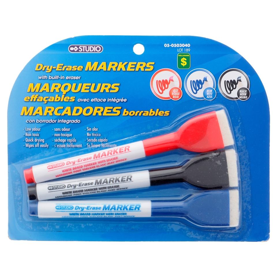 Dry-Erase Markers with Built-in Eraser 3PK (Assorted Colors)