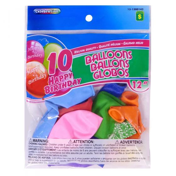 10 Ballons 'Happy Birthday' de 12" (Couleurs assorties)