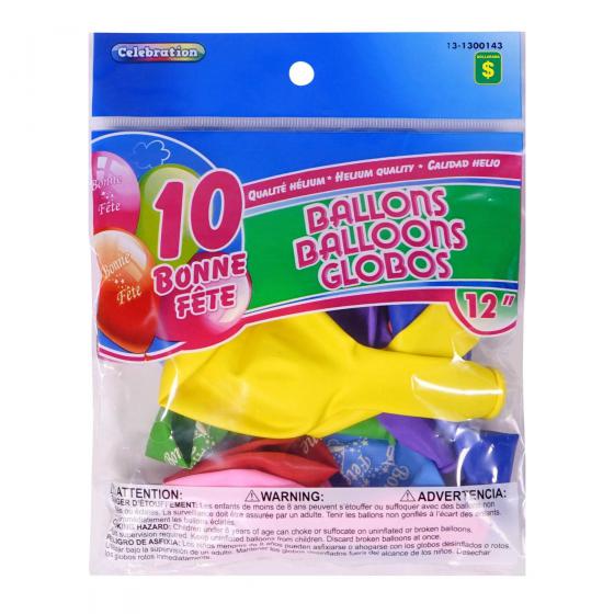 10 Ballons 'Bonne Fête' de 12"  (Couleurs assorties)