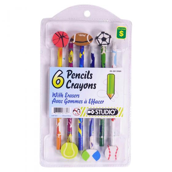 Pencils with Theme Eraser 6PK (Assorted Designs and Shapes)