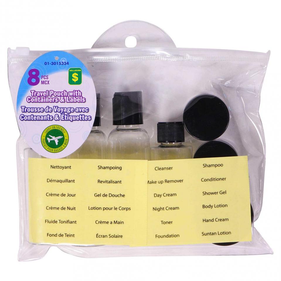 Travel Pouch Set with Containers and Labels 8PC (Assorted Colours)