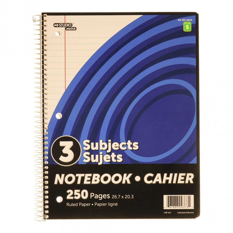 Cahier de notes à spirale 3 sujets (Couleurs assorties)