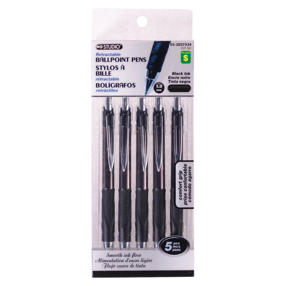 5 Stylos noirs à bille rétractable