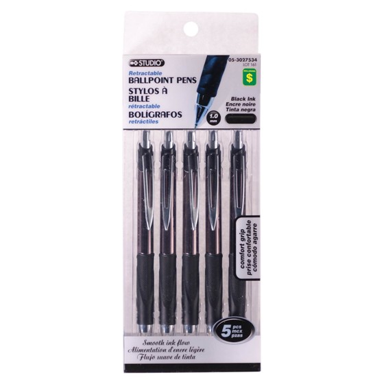 Retractable Black Ballpoint Pens 5PK