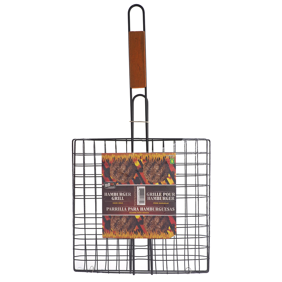 Grille à hamburger BBQ avec poignée en bois