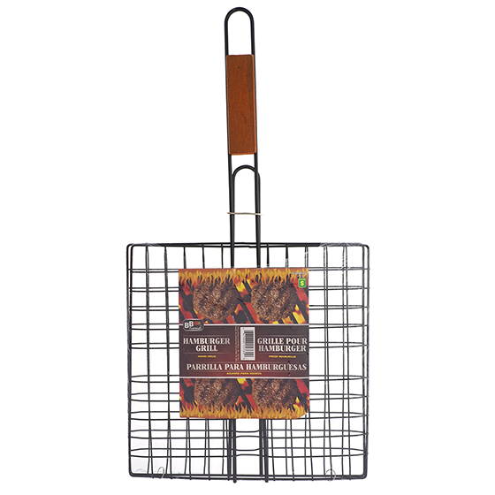 Grille à hamburger BBQ avec poignée en bois