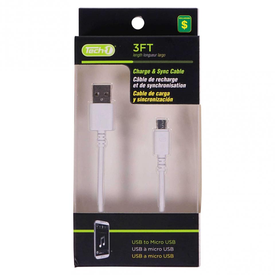 Câble de recharge et synchronisation USB vers micro USB de 3' (Couleurs assorties)