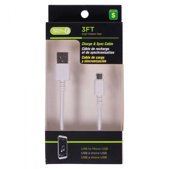 3' Charge and Sync USB to Micro USB Cable (Assorted Colours)