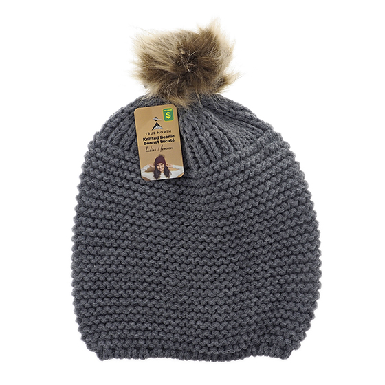 Ladies Knitted Tuque with Faux Fur Pompom