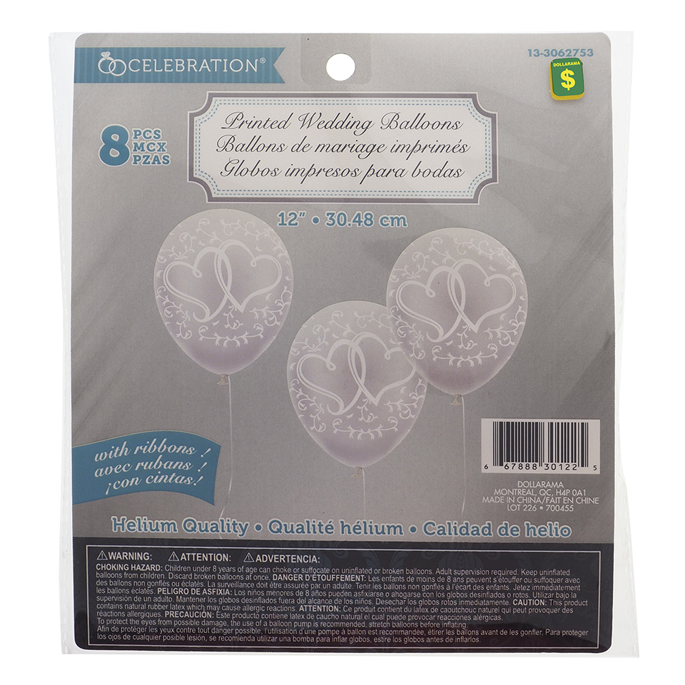 8PK Wedding Printed Balloons with Ribbons (Assorted Designs)
