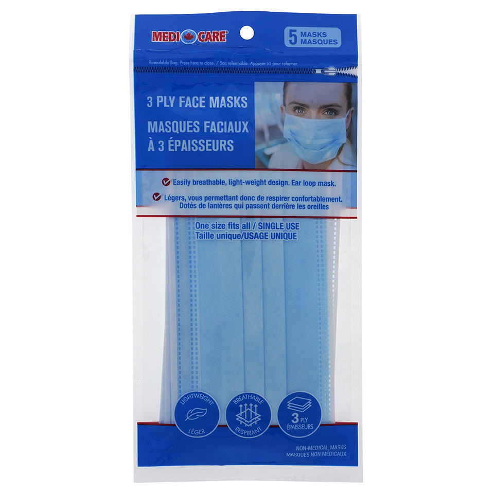 Paq. de 5 masques de protection bleues jetables